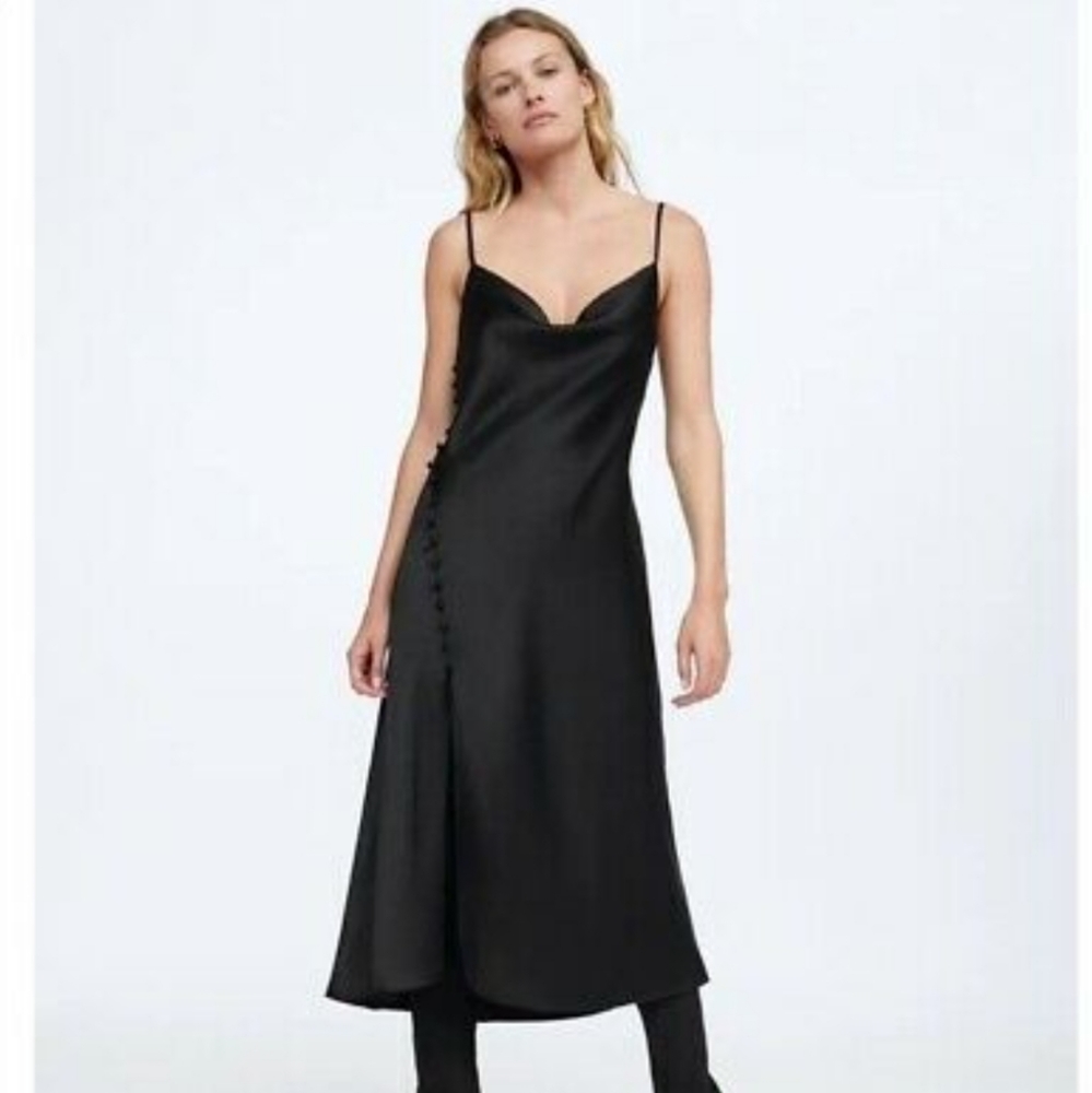 NWT Zara Satin Lingerie Style Black Dress